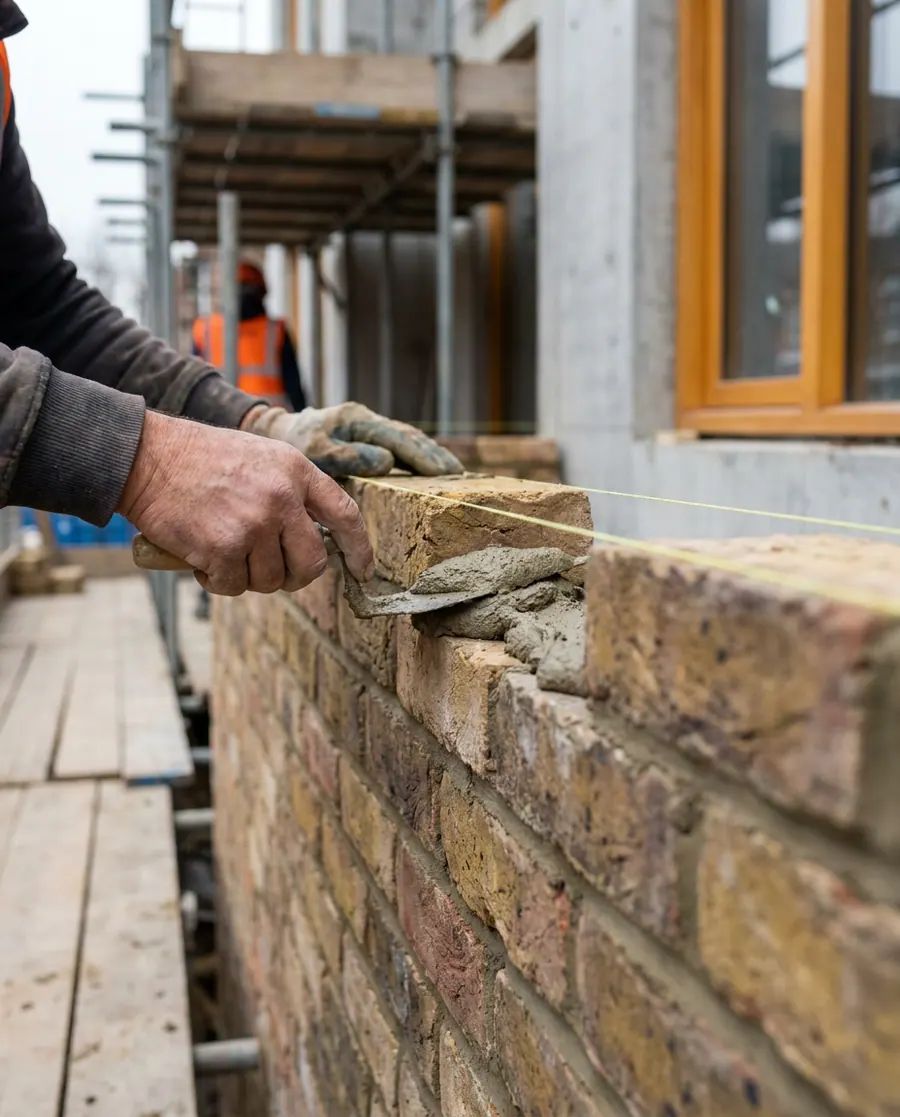 A bricklayer laying London stock brick to a line