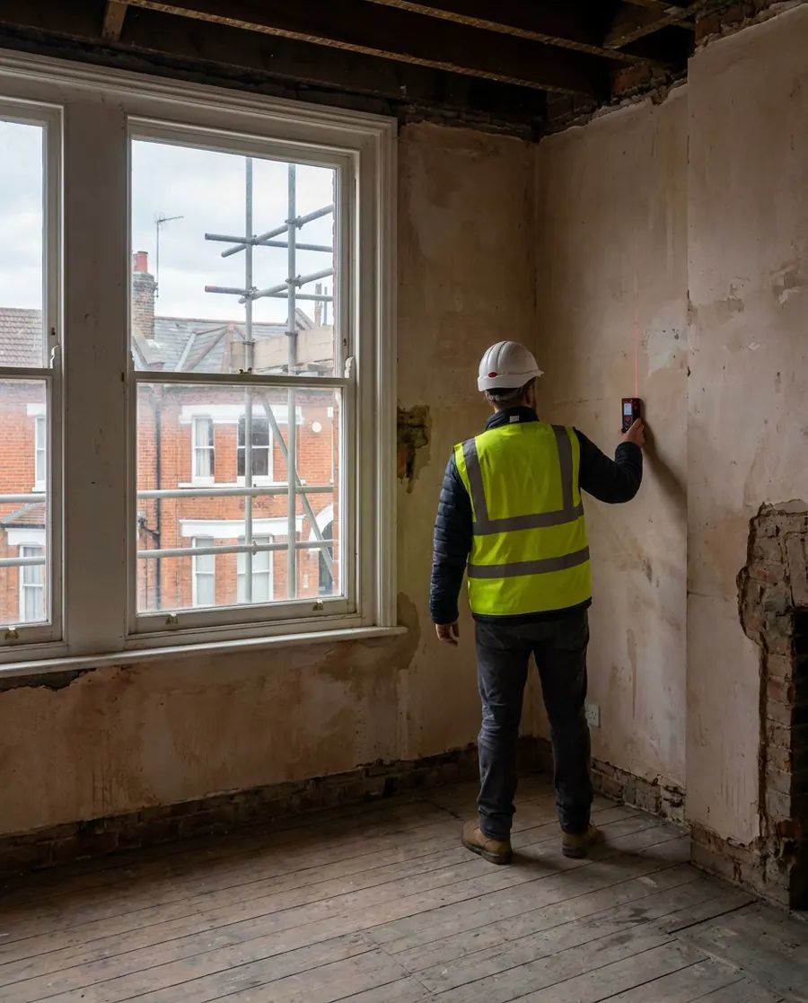 A surveyor measuring a room with a laser distance meter