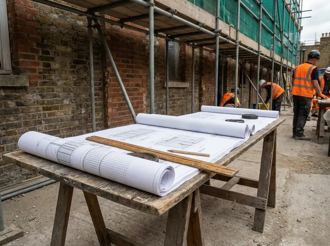 Architect's drawings weighted open on a trestle table on site