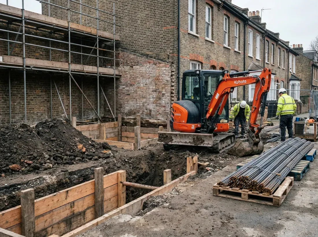 Foundation trenches dug beside a house with an excavator at the edge