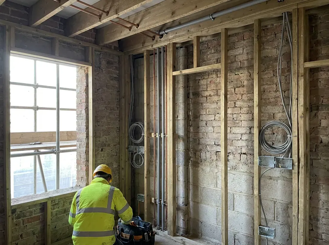 First fix pipework and cabling run through new stud walls and joists