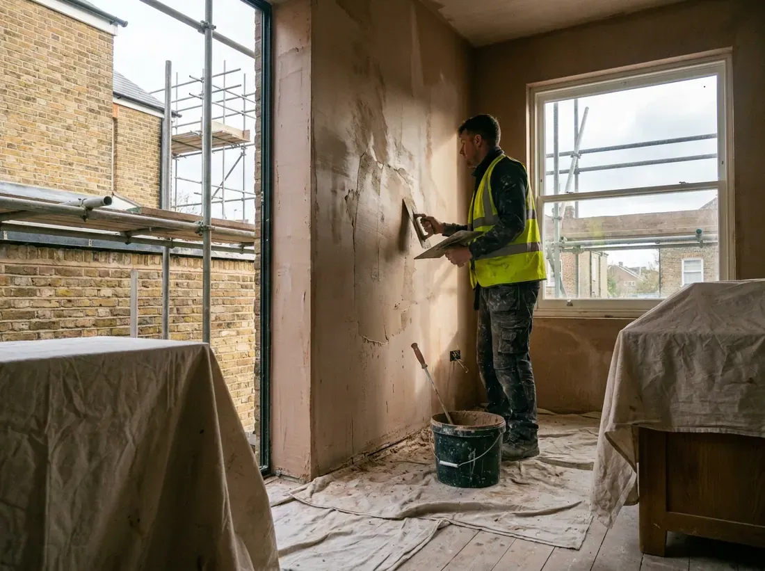 A plasterer skimming a wall in a new extension