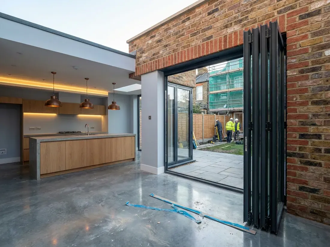 A finished open-plan kitchen extension at handover