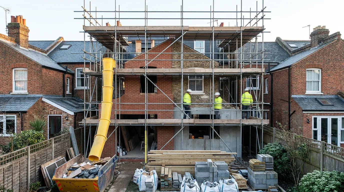 Scaffolding over a part-built two-storey extension on a London terrace