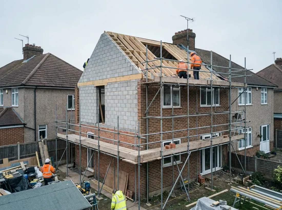 A hip end built up to a new gable on a 1930s semi-detached house