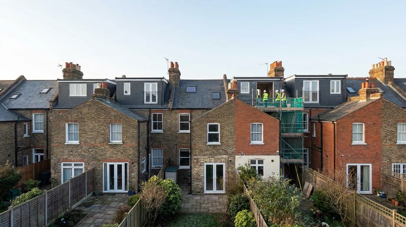 Rear dormer loft conversions along a row of London Victorian terraces