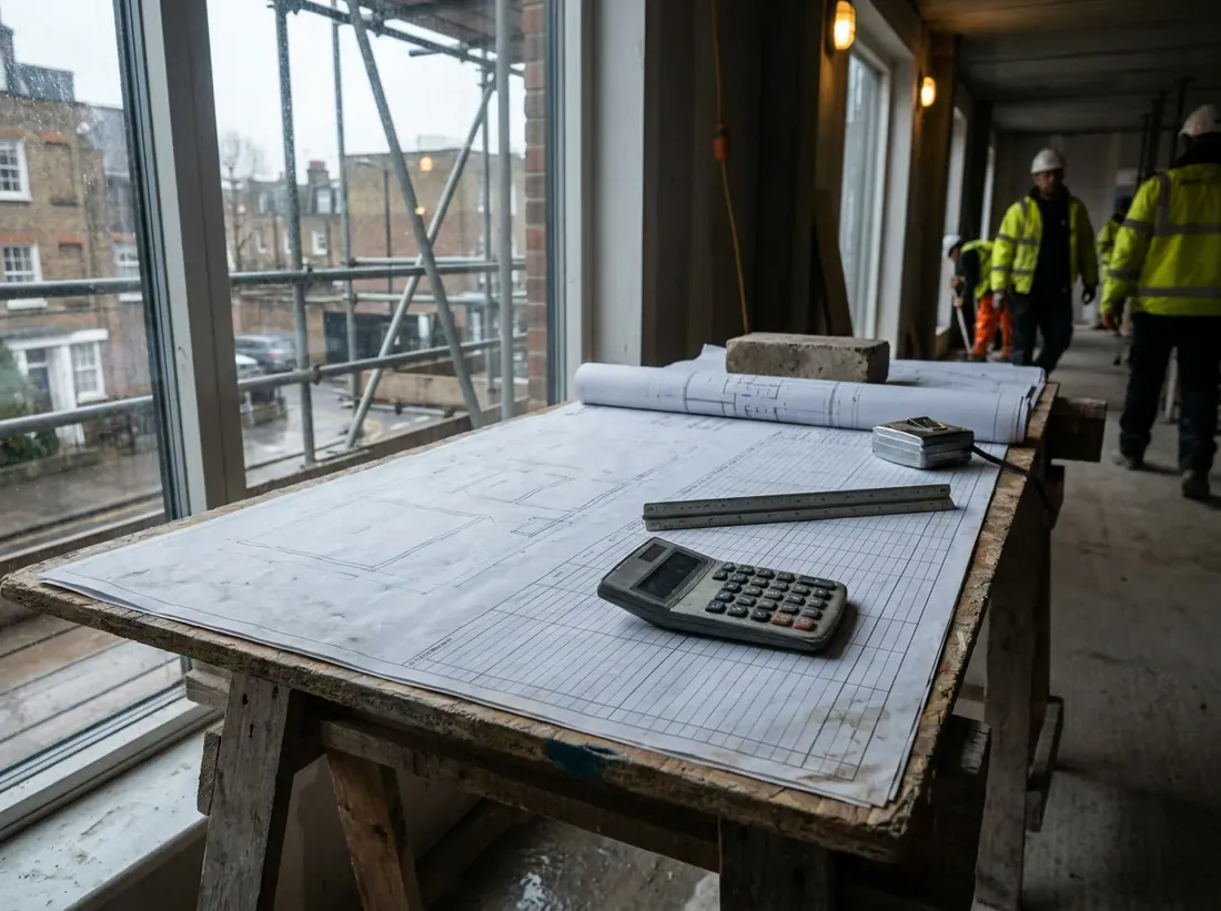 A cost plan sheet, calculator and scale rule spread on a site table