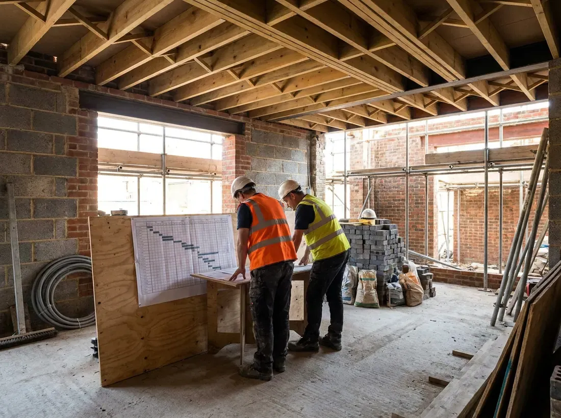 Two people in hi-vis reviewing a programme chart pinned to plywood on site