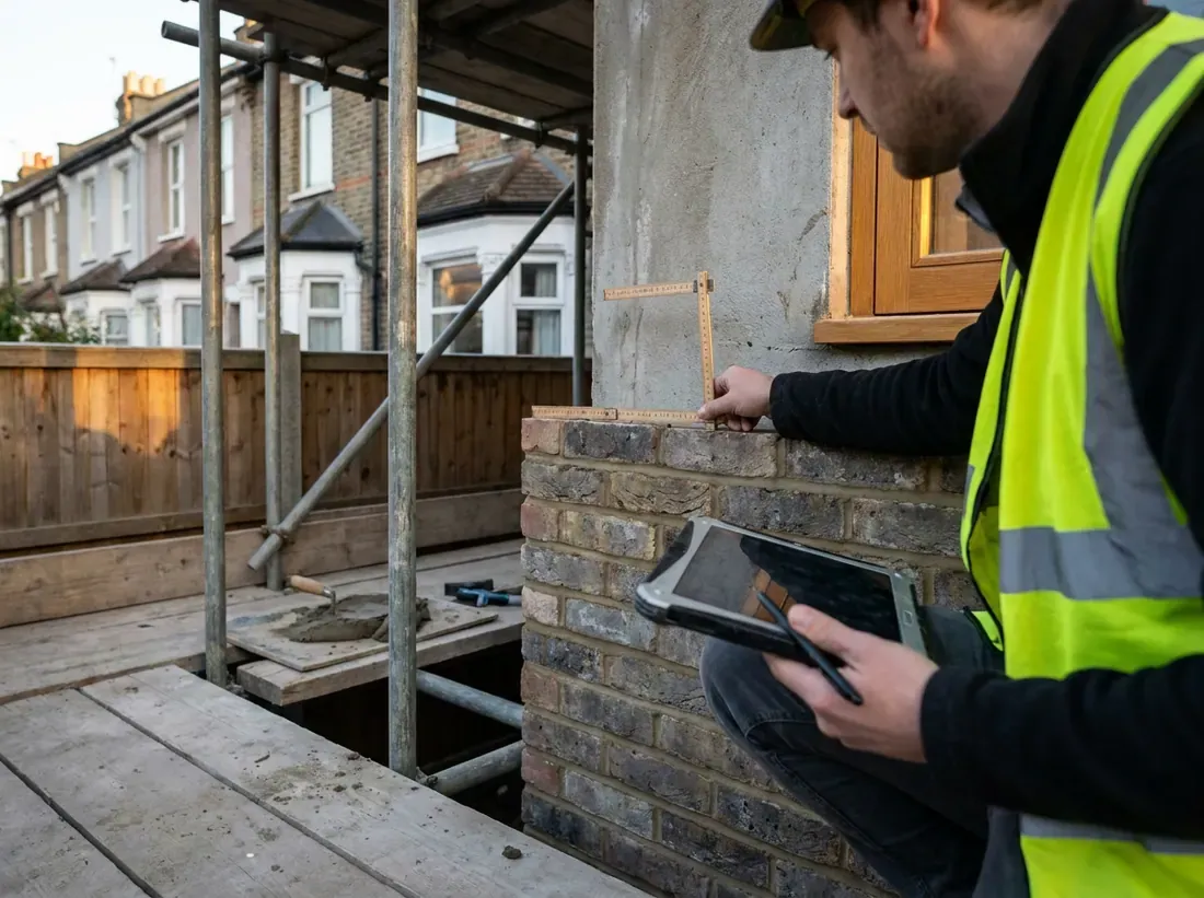 A surveyor measuring completed brickwork on a rear extension