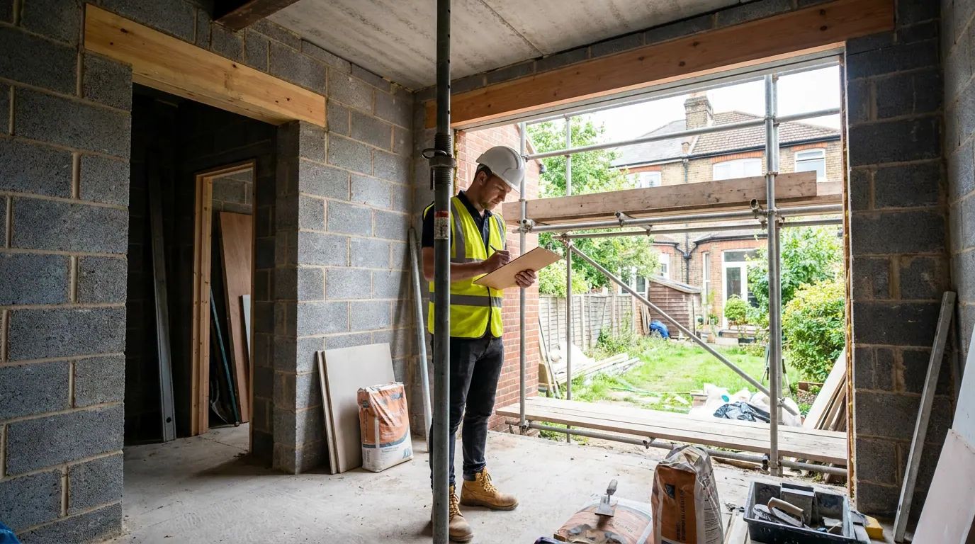 A quantity surveyor recording progress inside a part-finished London extension
