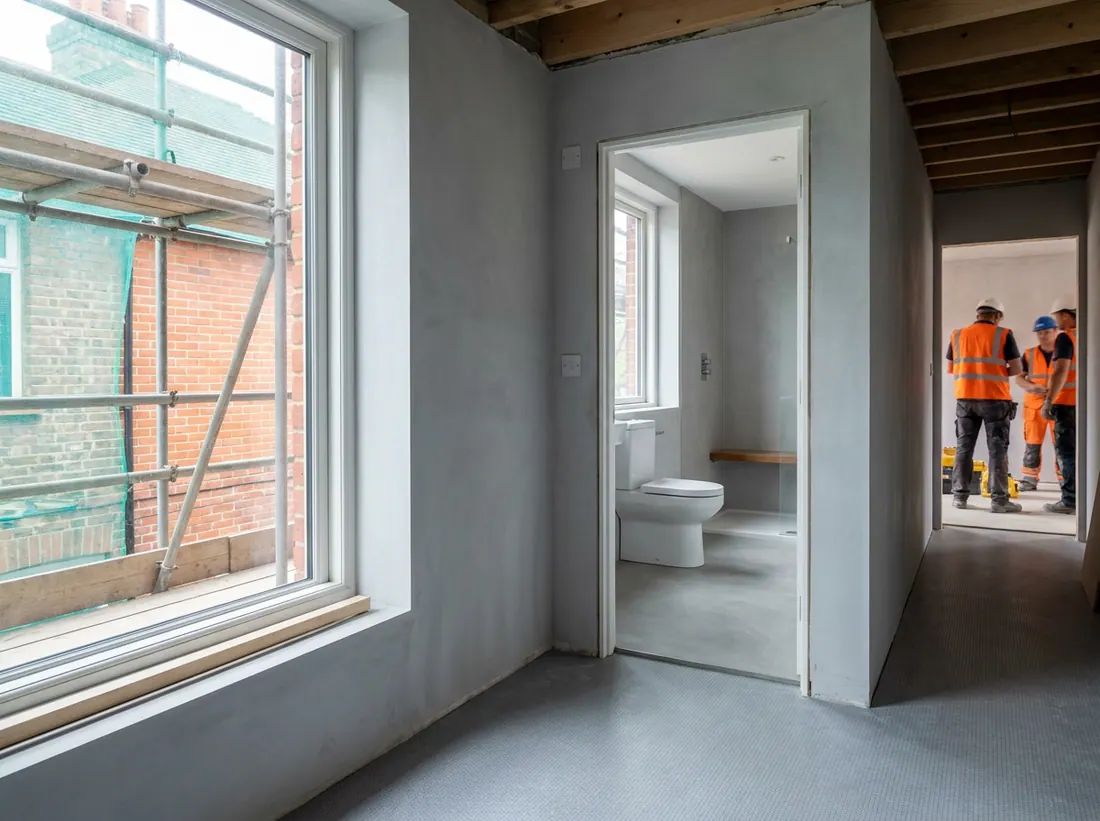 A finished wheelchair accessible bathroom with level access shower