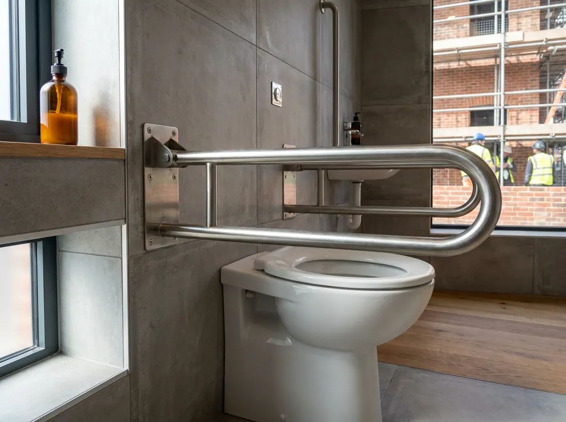 A finished wheelchair accessible bathroom with level access shower