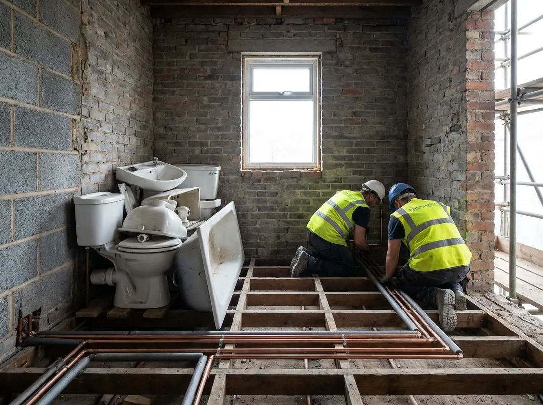 A newly completed family bathroom with a bath and shower