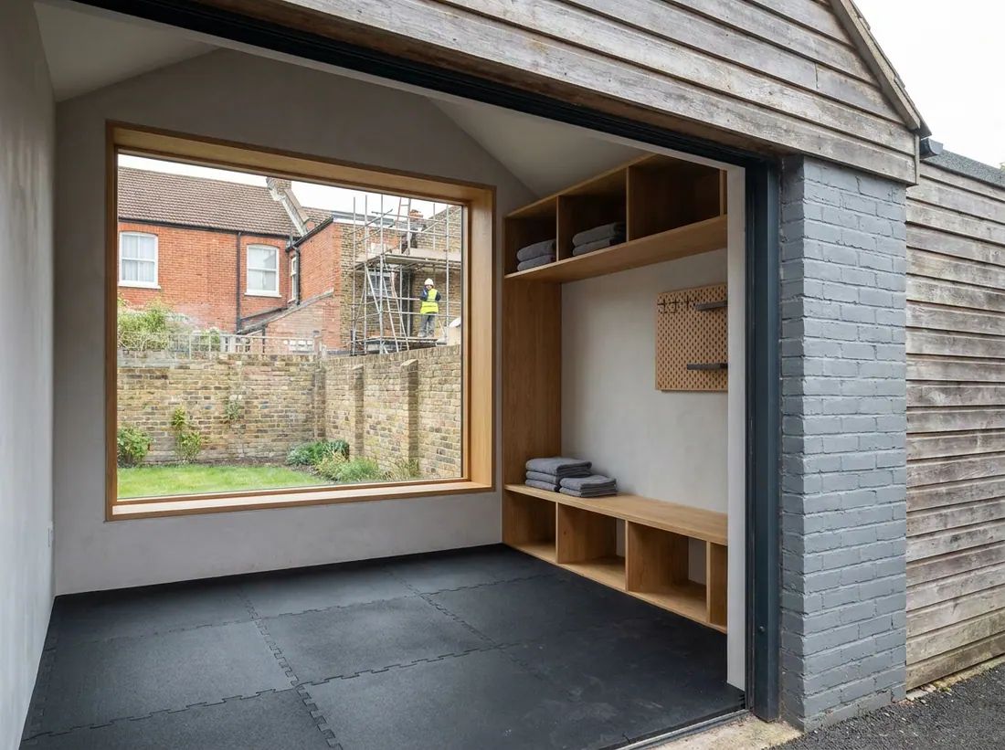 A converted garage with the door opening replaced by a window