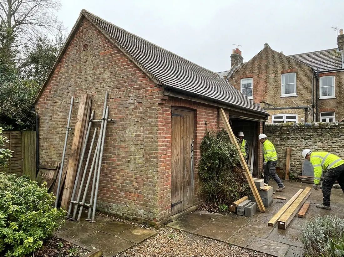 A converted garage with the door opening replaced by a window