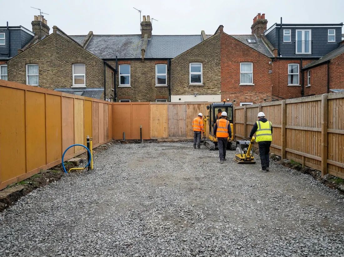 A mini excavator digging foundation trenches beside a house