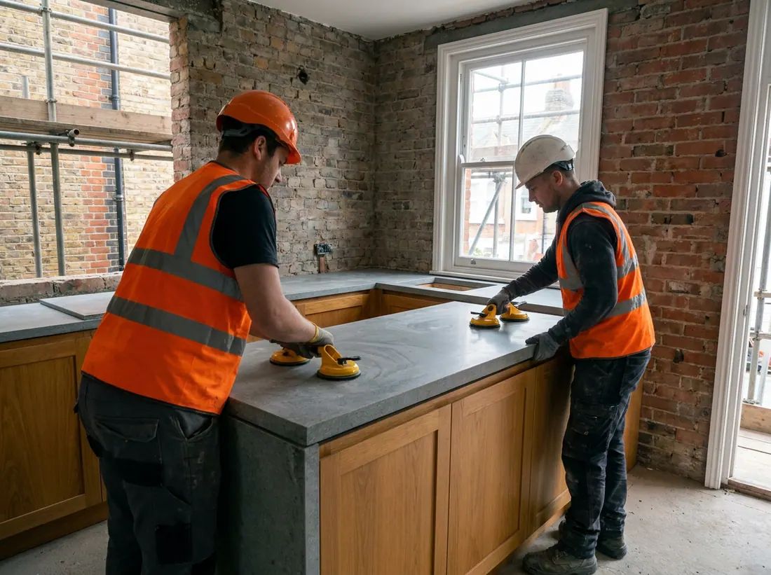A finished fitted kitchen with a stone worktop