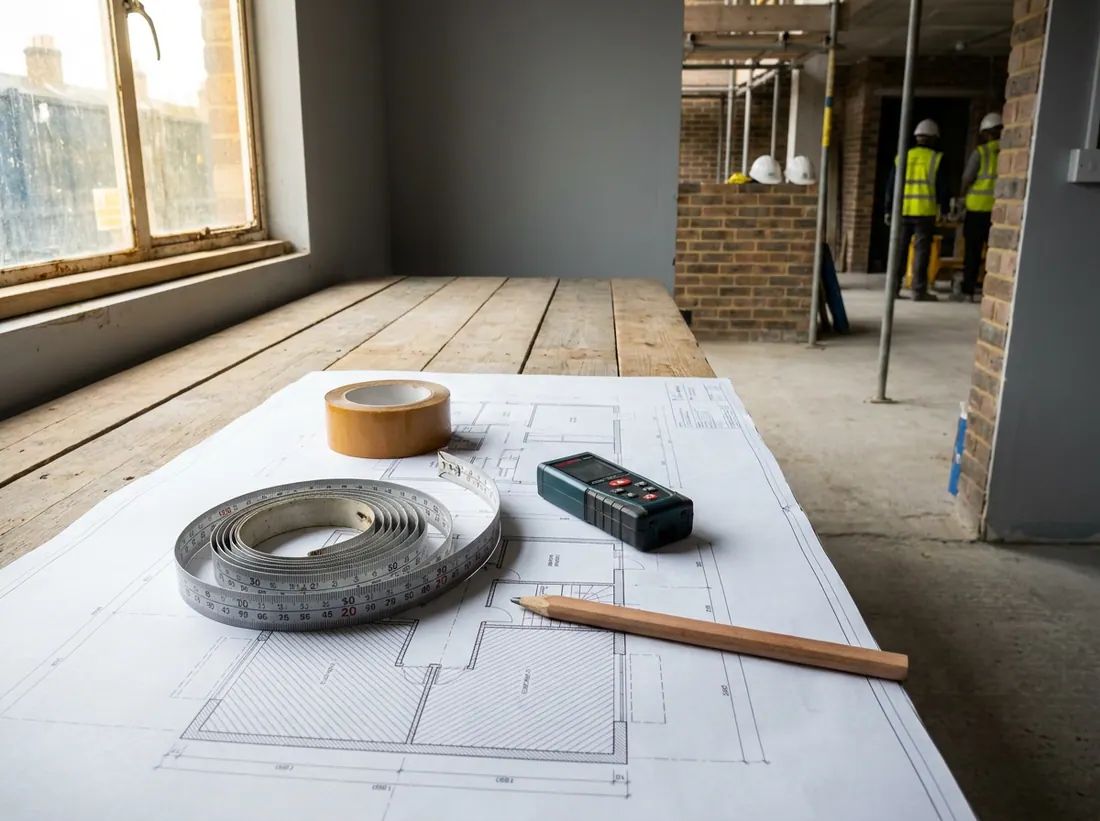 A cost plan, scale rule and hard hat on a surveyor's desk
