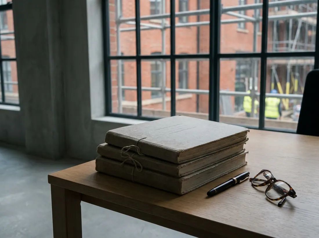A cost plan, scale rule and hard hat on a surveyor's desk