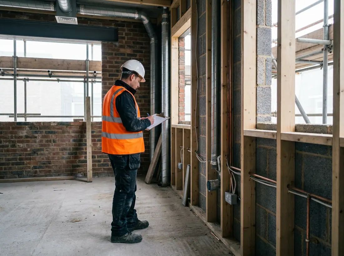 A cost plan, scale rule and hard hat on a surveyor's desk