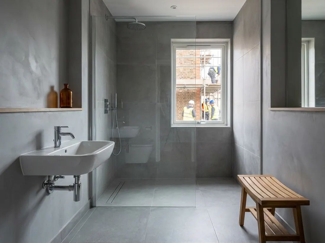 A completed wet room with a linear drain and glass screen