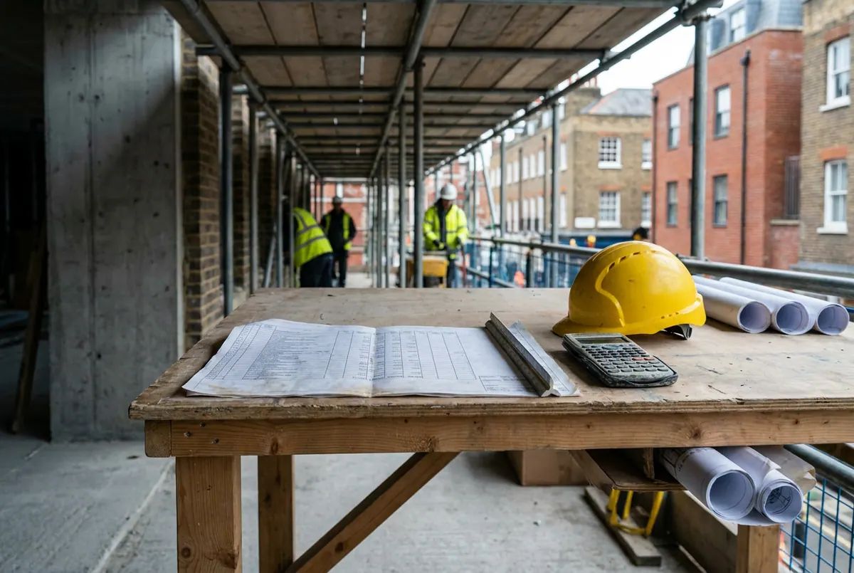 A cost plan, scale rule and hard hat on a surveyor's desk
