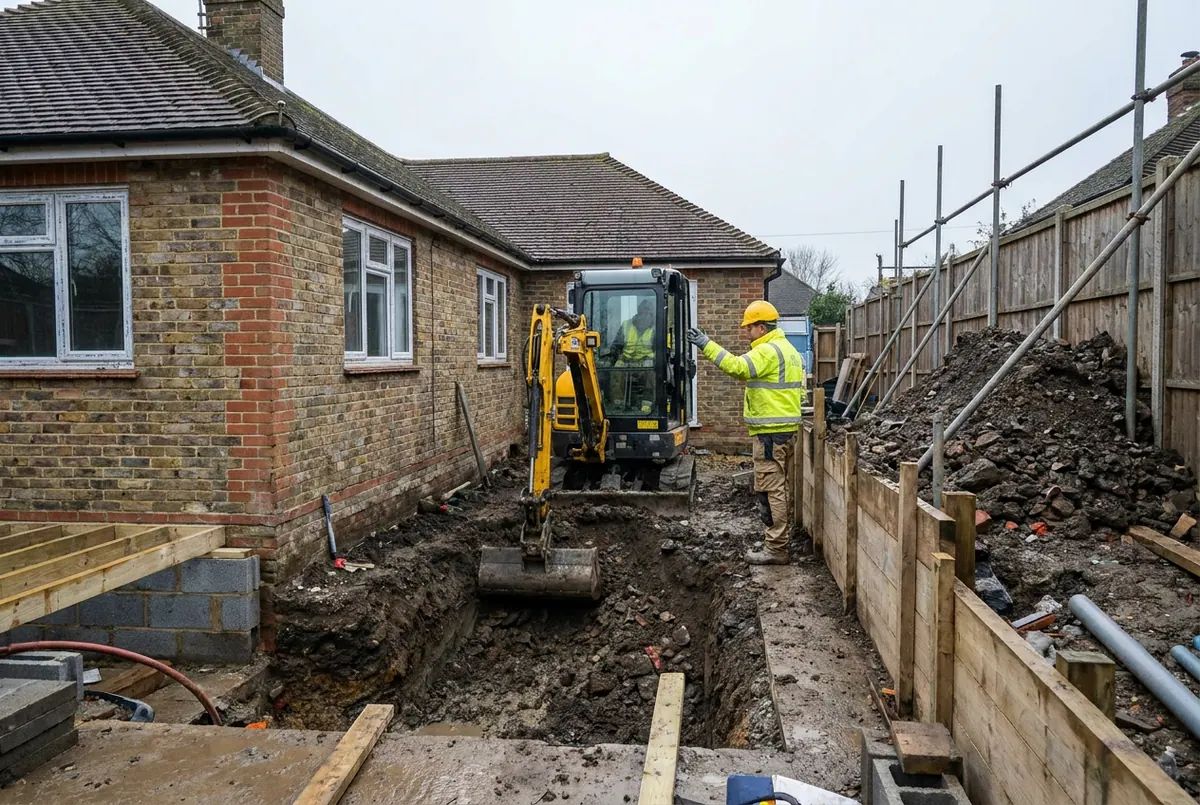 A mini excavator digging foundation trenches beside a house