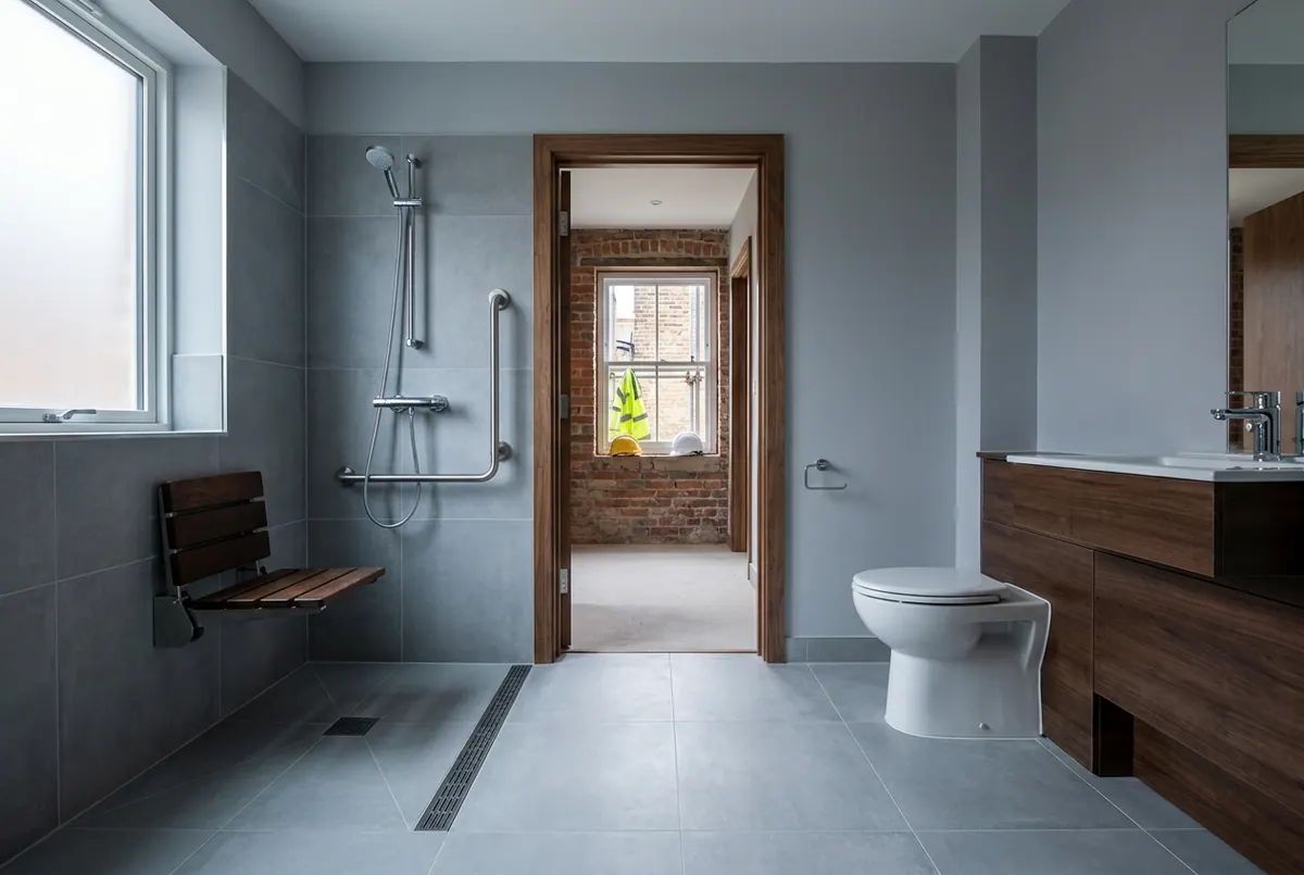 A finished wheelchair accessible bathroom with level access shower
