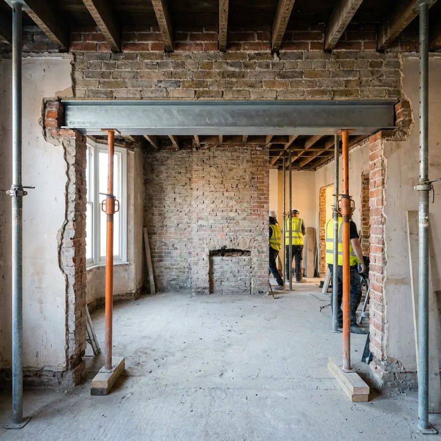 A steel beam installed over a new ground-floor opening
