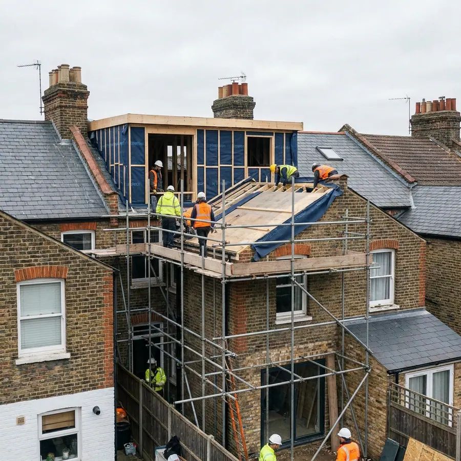 A dormer loft conversion under construction on a terraced roof