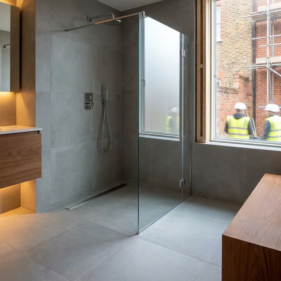 A level access wet room with a linear drain