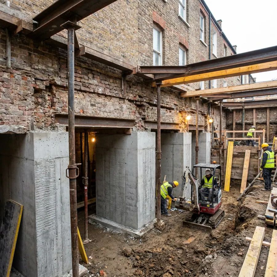 Underpinning bays excavated beneath an existing wall