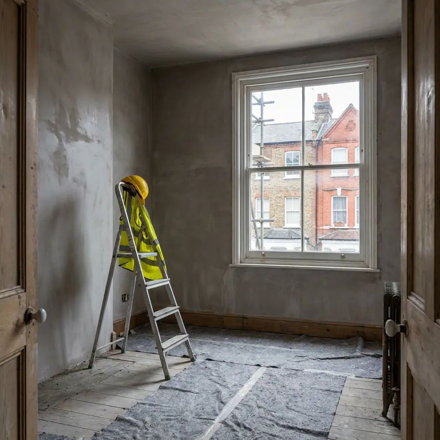 Newly plastered walls drying in a stripped-back room