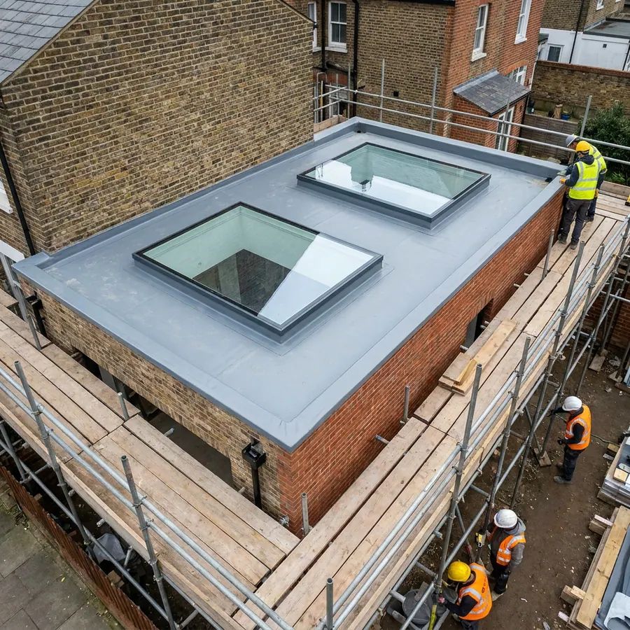 Flat roof rooflights installed on a new extension