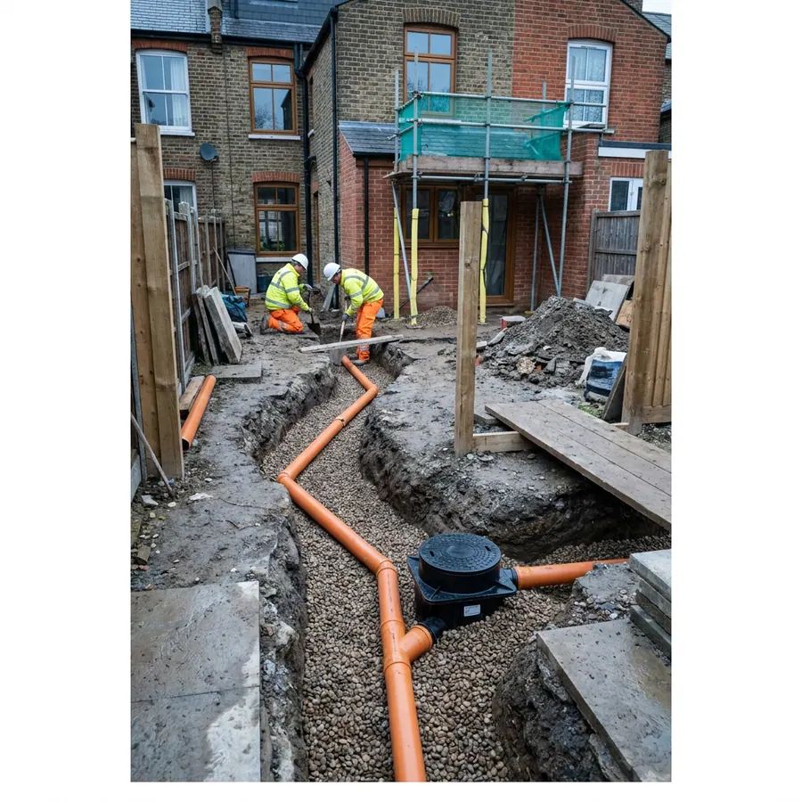 Drainage runs laid in a trench before backfilling