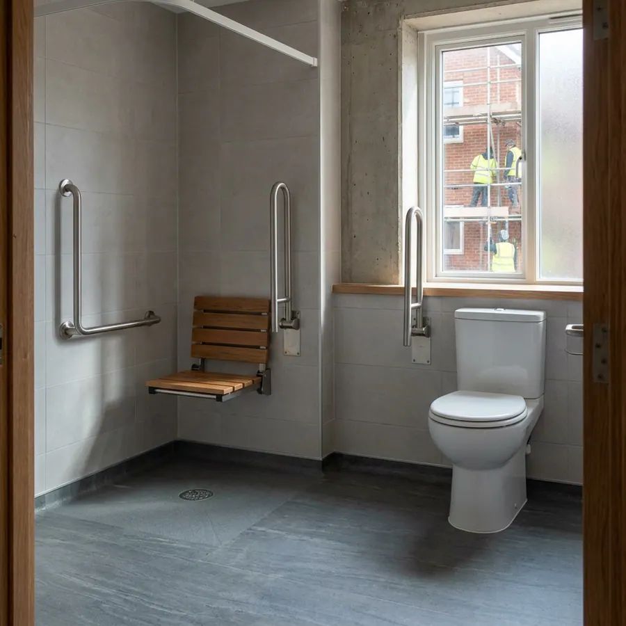 An accessible bathroom with grab rails and a shower seat