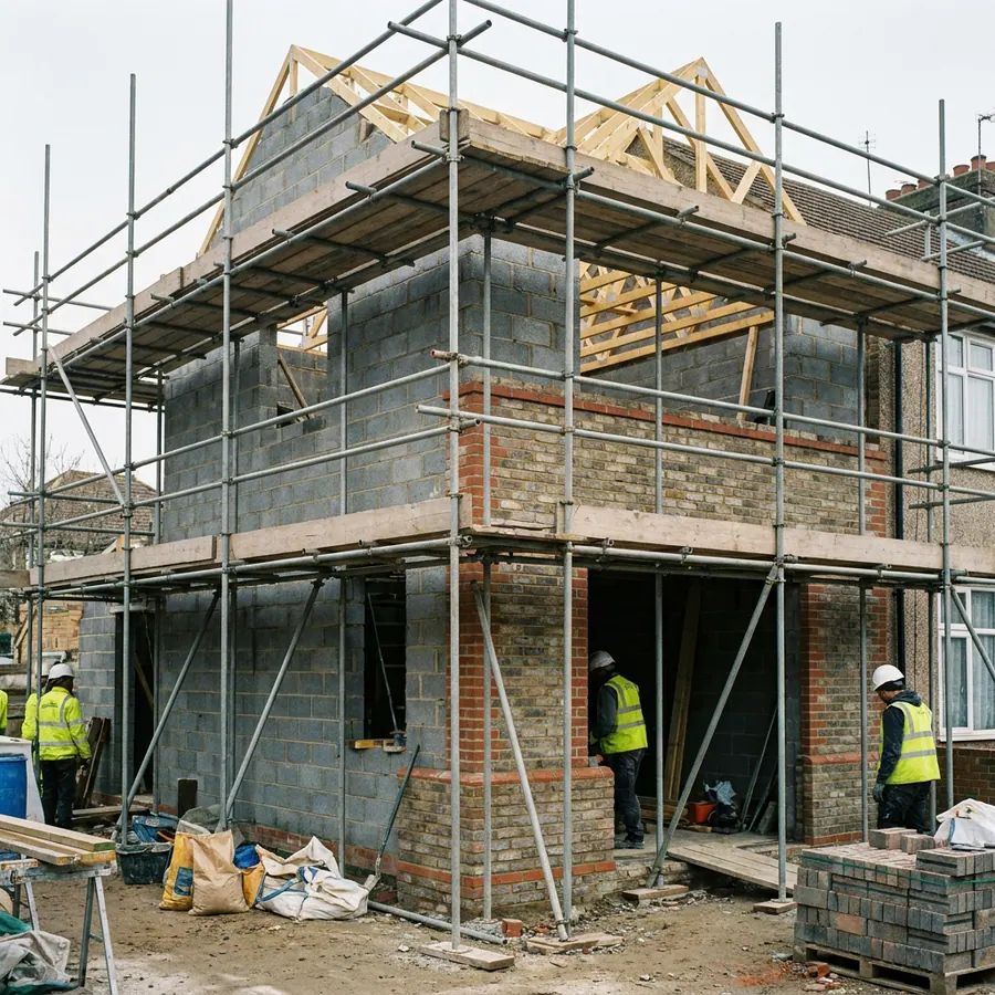 A double storey extension under construction in brick