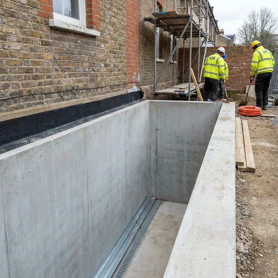 A basement lightwell formed in reinforced concrete