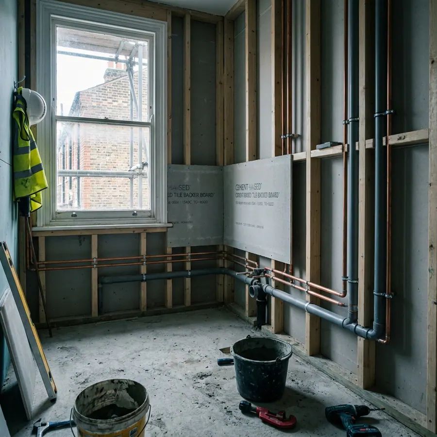 A tiled bathroom mid-installation with first fix pipework