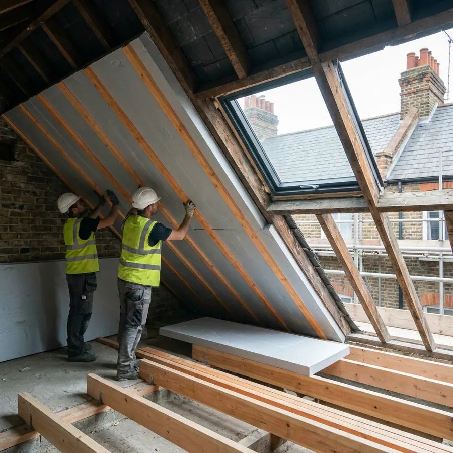 Roof timbers and insulation in a loft under conversion