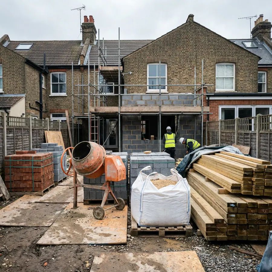 A cement mixer and stacked materials on a tidy site