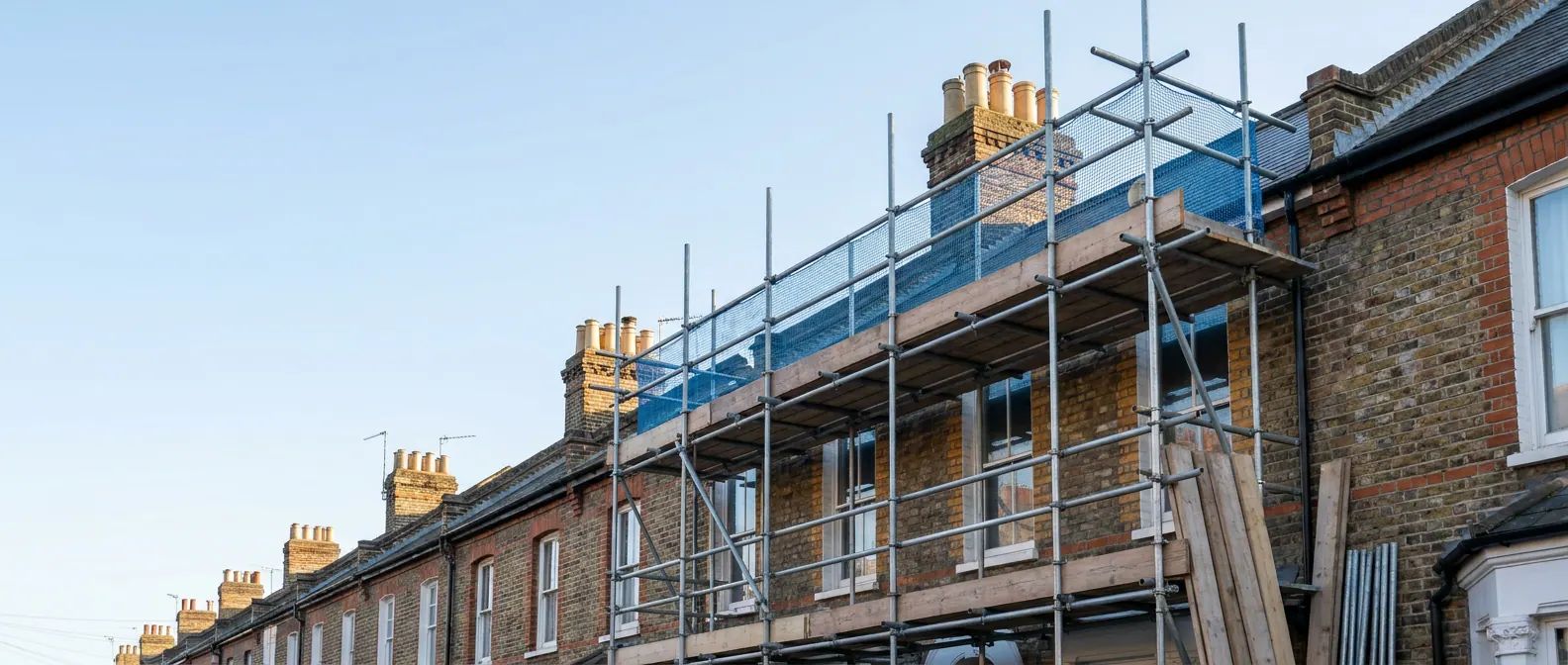 Scaffolding against a London brick terrace on a clear morning