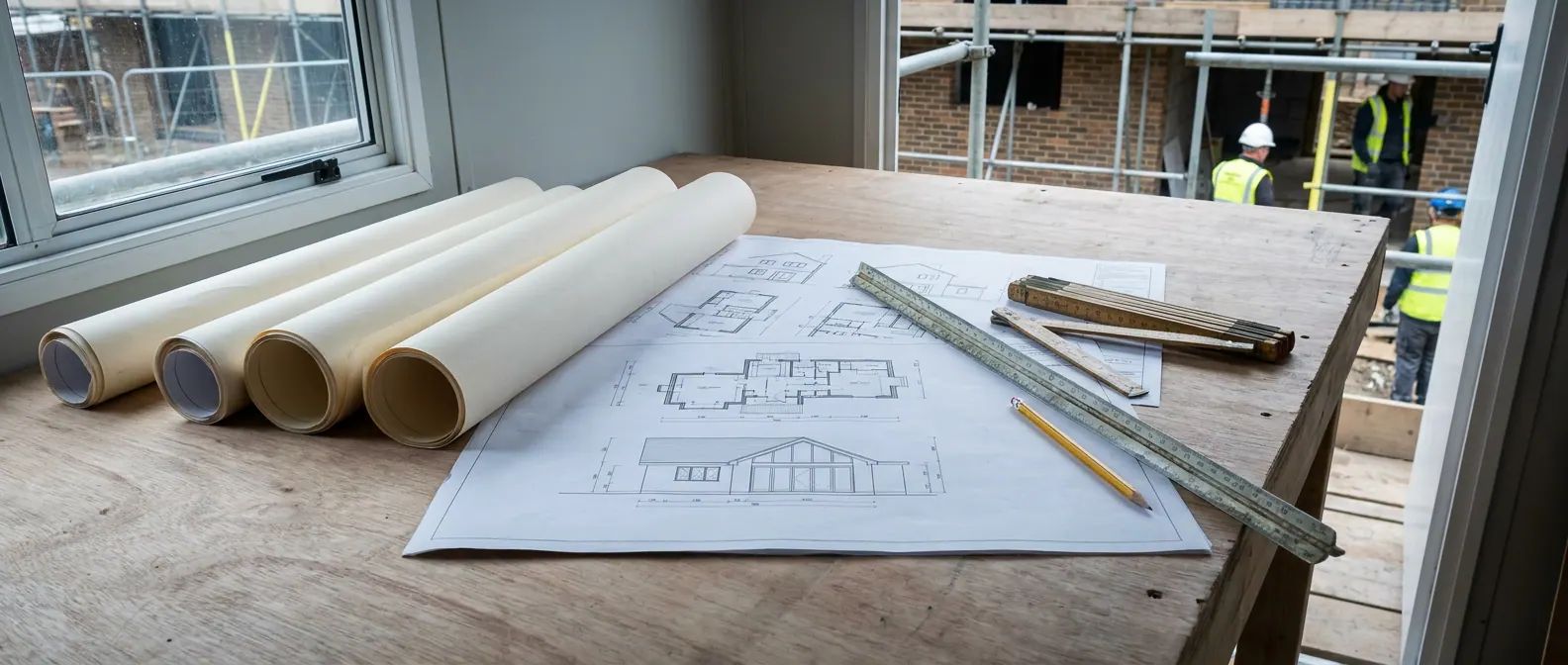 Architectural drawings and a scale rule laid out on a site table