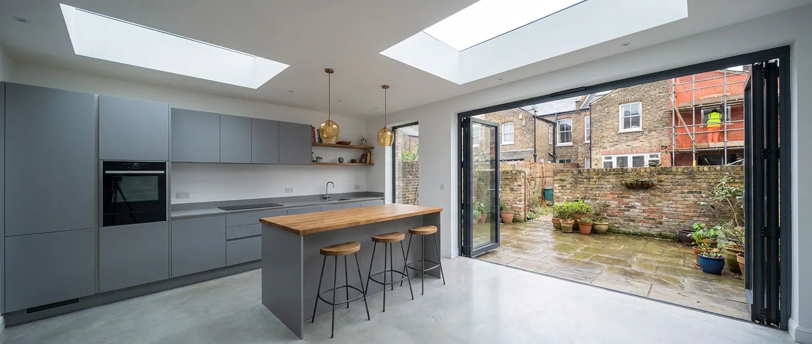 A finished open-plan kitchen extension with rooflights above